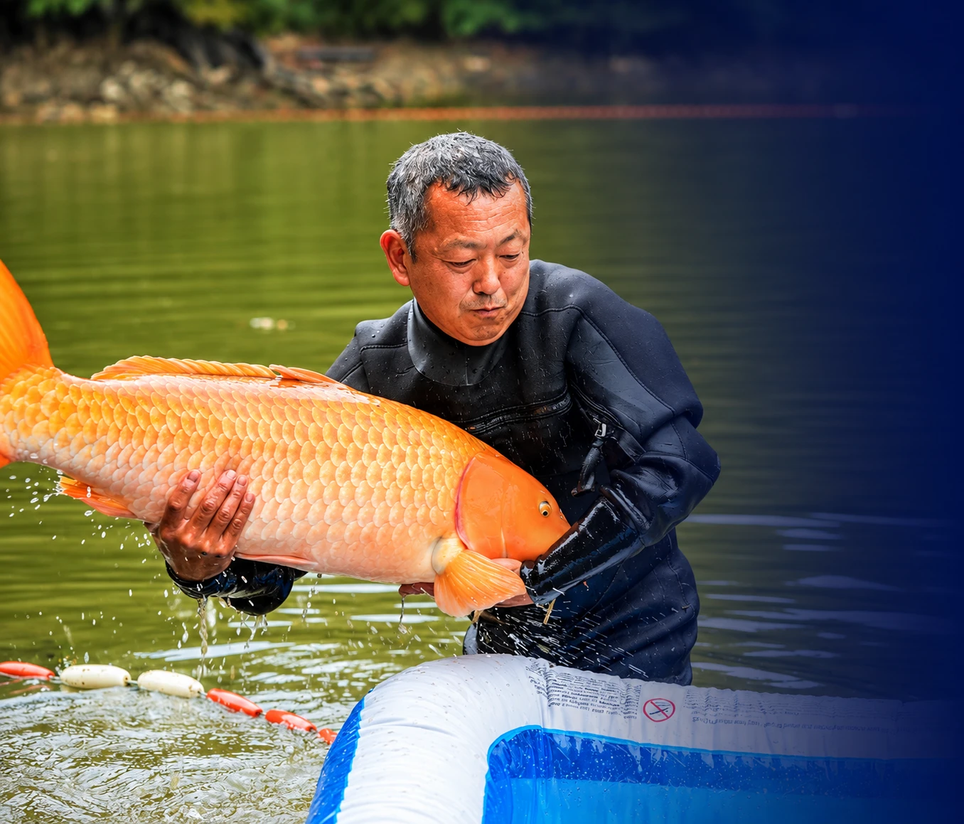 Koi breeder holding a large golden koi during the harvest