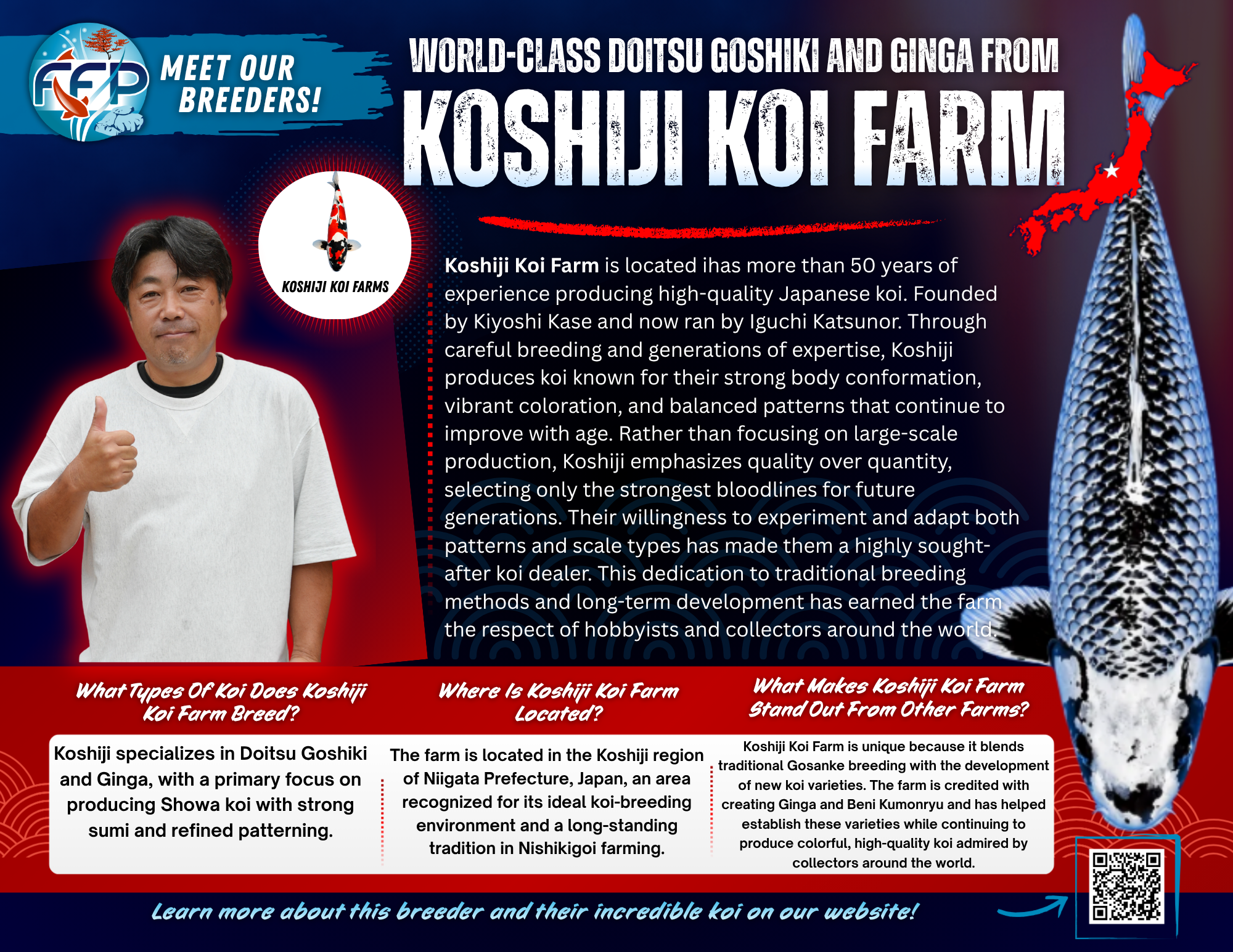 Koshiji Koi Farm is a respected family-run breeder located in the heart of Niigata Prefecture, Japan, the historic birthplace of Nishikigoi. With over 50 years of experience, Koshiji has built a reputation for quality, consistency, and focused dedication to traditional koi varieties.