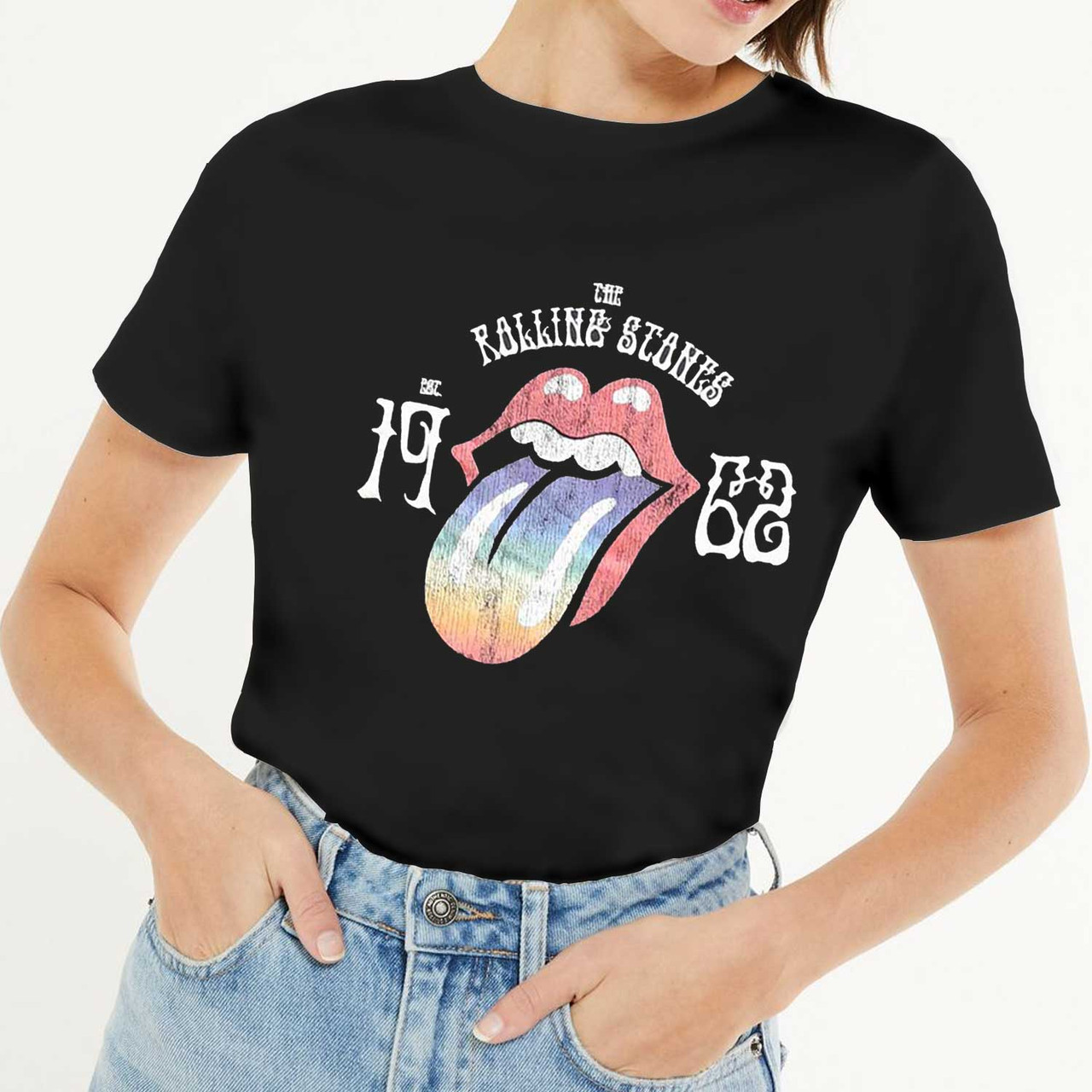 The Rolling Stones Women's T-Shirt Sixty Rainbow Tongue '62 (Hi-Build)