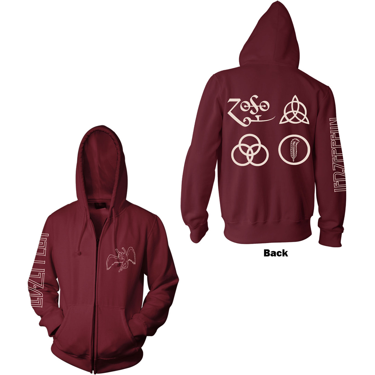 Led Zeppelin Unisex Zipped Hoodie Sweatshirt Symbols (Back Print)