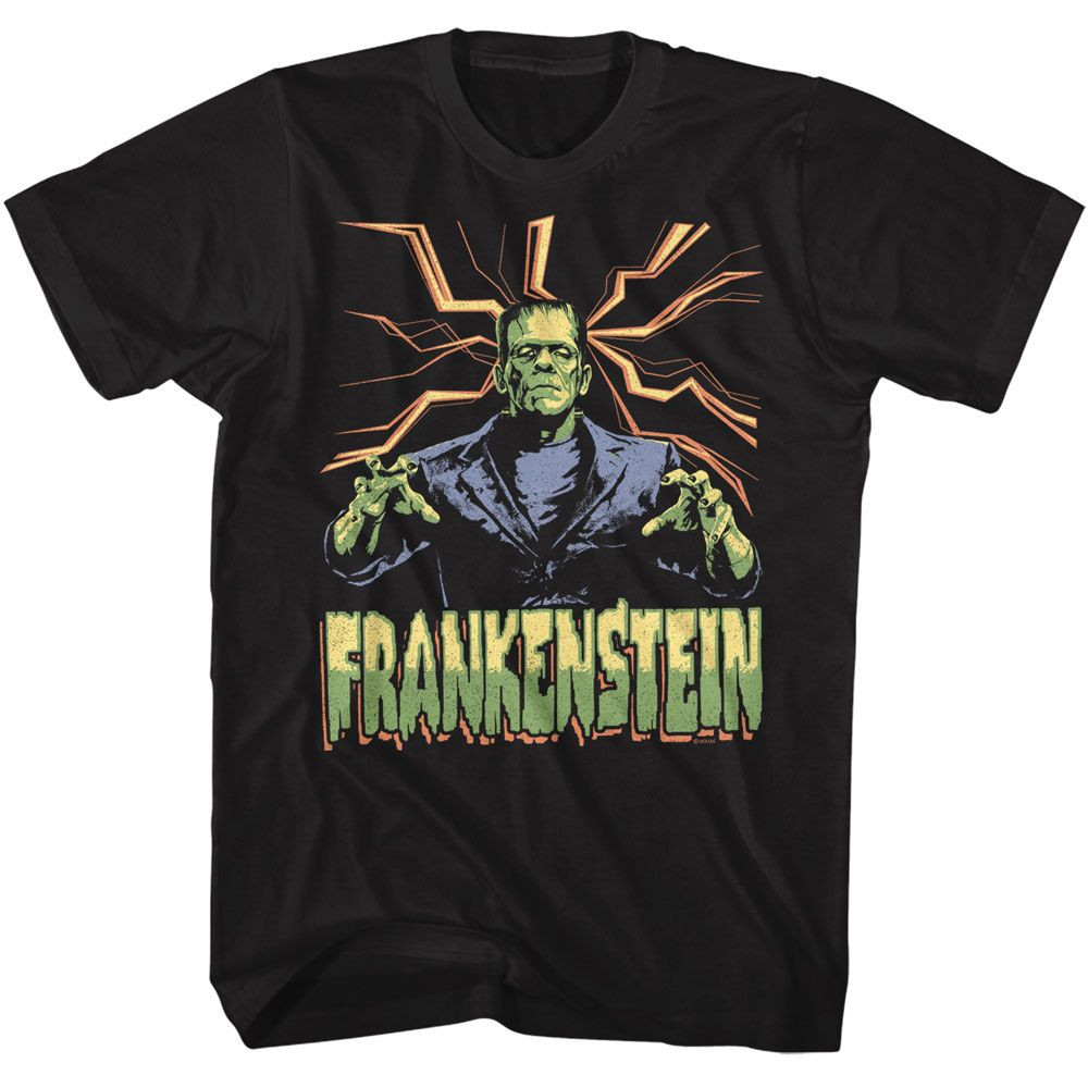 Universal Monsters Frankenstein Lightning Bg Black Adult T-Shirt