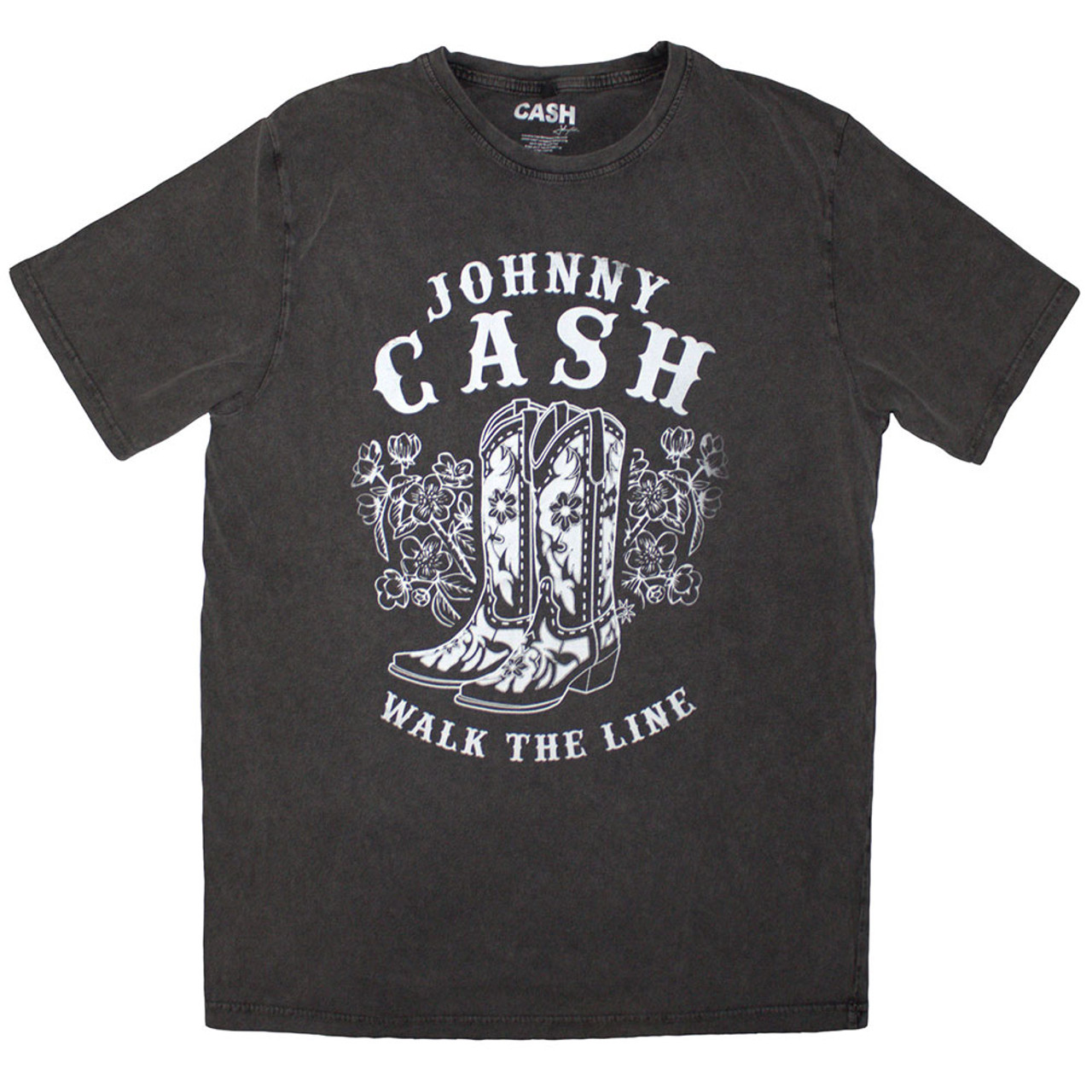 Johnny Cash Unisex Stone Wash T-Shirt Walk The Line Boots (Charcoal Grey)