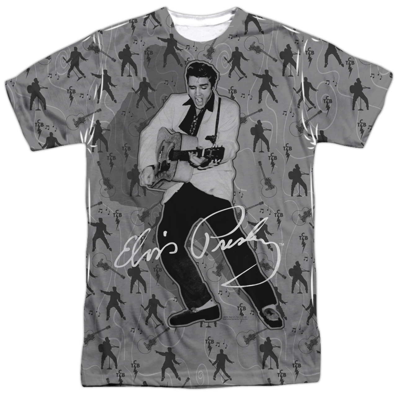 Elvis Presley Rockin All Over (Front/Back Print) Adult Sublimated Crew T-Shirt White