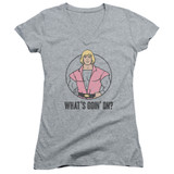 Masters Of The Universe What's Goin On Junior Women's V-Neck T-Shirt Athletic Heather