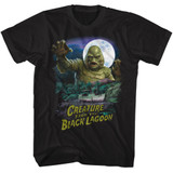 Universal Monsters Creature From The Black Lagoon Boat Scene Black Adult T-Shirt