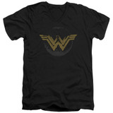 Wonder Woman Movie Distressed Logo S/S Adult V Neck 30/1 T-Shirt Black