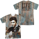 Elvis Presley Woodgrain (Front/Back Print) Adult Sublimated Crew T-Shirt White