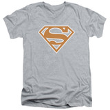 Superman Burnt Orange And White Shield Adult V-Neck T-Shirt Athletic Heather