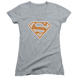 Superman Burnt Orange And White Shield Junior Women's V-Neck T-Shirt Athletic Heather