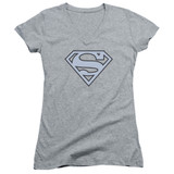 Superman Carolina Blue and Navy Shield Junior Women's V-Neck T-Shirt Athletic Heather