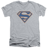 Superman Blue And Orange Shield Adult V-Neck T-Shirt Athletic Heather