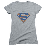 Superman Blue And Orange Shield Junior Women's V-Neck T-Shirt Athletic Heather