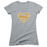 Superman Lt Orange And White Shield Junior Women's V-Neck T-Shirt Athletic Heather