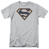 Superman Navy And Orange Shield Adult 18/1 T-Shirt Athletic Heather