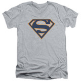 Superman Navy And Orange Shield Adult V-Neck T-Shirt Athletic Heather