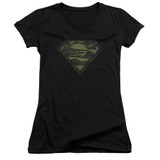 Superman Camo Logo Distressed Junior Women's V-Neck T-Shirt Black