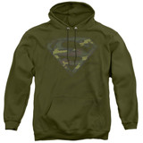 Superman Distressed Camo Shield Adult Pullover Hoodie Sweatshirt Military Green