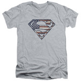 Superman Wartorn Flag Adult V-Neck T-Shirt Athletic Heather