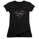 Superman Wartorn Flag Junior Women's V-Neck T-Shirt Black