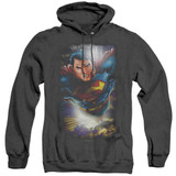 Superman In The Sky Adult Heather Hoodie Sweatshirt Black