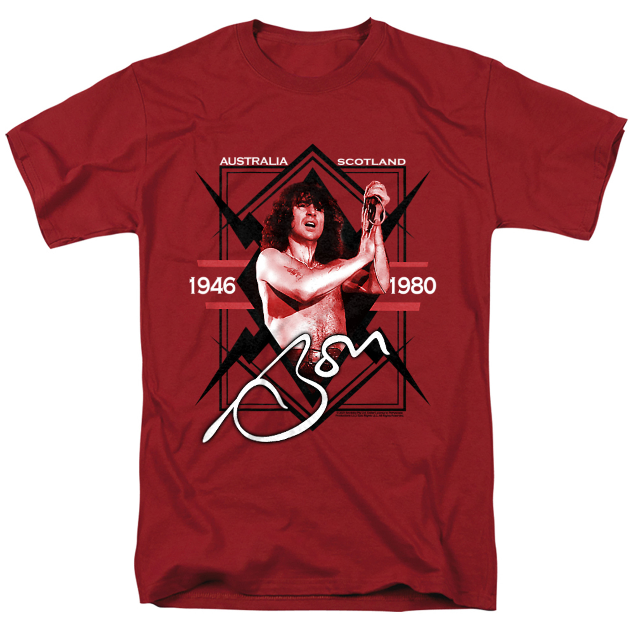 Bon Scott AC DC Label Adult 18 1 T Shirt Cardinal