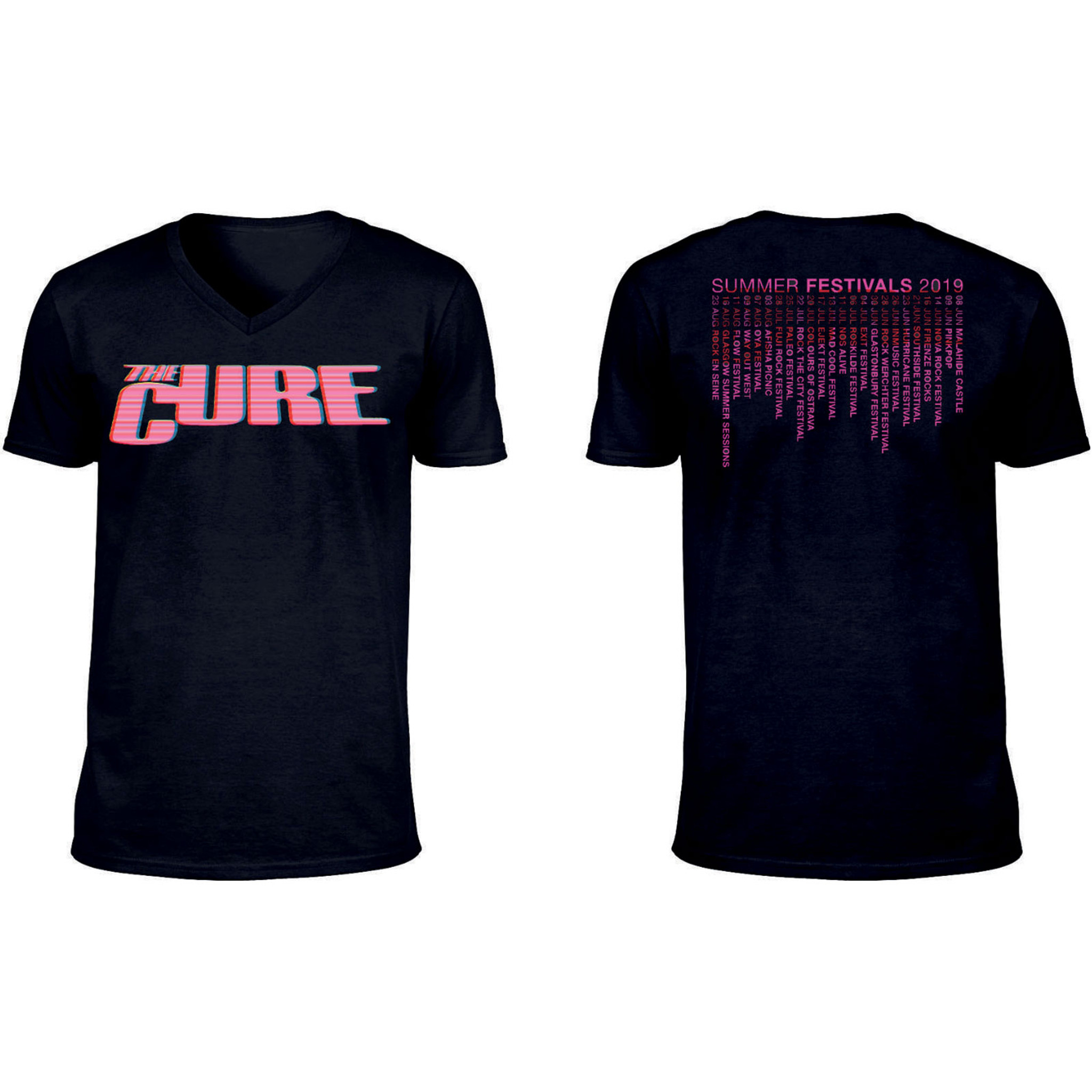 The Cure Unisex T-Shirt Neon Logo (Back Print/Ex-Tour/V-Neck) Black