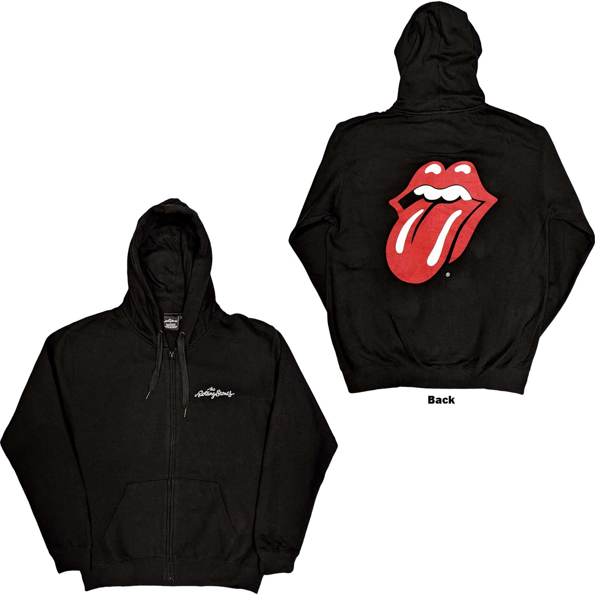 The Rolling Stones Unisex Zipped Hoodie Sweatshirt Classic Tongue Back Print Black