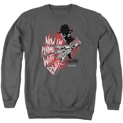 A Nightmare on Elm Street Playing With Power Adult Crewneck Sweatshirt Charcoal A Nightmare on Elm Street Playing With Power Adult Crewneck Sweatshirt Charcoal