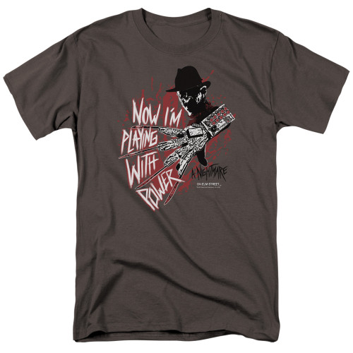 A Nightmare on Elm Street Playing With Power Adult 18/1 T-Shirt Charcoal A Nightmare on Elm Street Playing With Power Adult 18/1 T-Shirt Charcoal