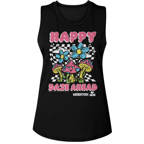 Woodstock Happy Daze Ahead Black Women's Muscle Tank Top T-Shirt