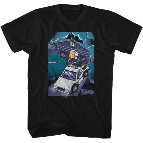 Back To The Future Cute Cartoon Doc And Clock Tower Black T-Shirt
