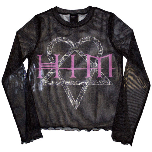 HIM Women's Long Sleeved Crop Top Heartagram & Logo (Mesh)