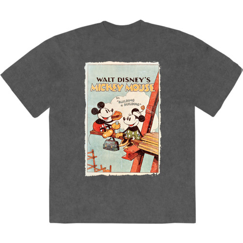 Disney Unisex Stone Wash T-Shirt Mickey Building A Building (Charcoal Grey)