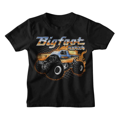 Bigfoot Truck With Flames Black Youth T-Shirt