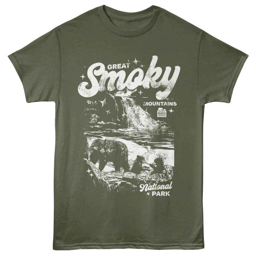 National Parks Bear Cubs Waterfall Military Green T-Shirt