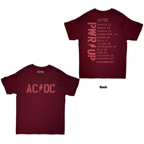 AC/DC Unisex T-Shirt Logo EU Tour '25 (Maroon Red) (Back Print & Ex-Tour)