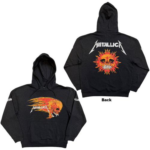 Metallica Unisex Pullover Hoodie Sweatshirt Worn Pushead Flaming Skull (Charcoal Grey) (Back Print)