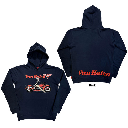 Van Halen Unisex Unplugged Pullover Hoodie Sweatshirt Pinup Motorcycle (Navy Blue) (Back Print)