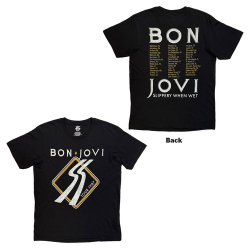 Bon Jovi Unisex T-Shirt Tour '87 Road Sign (Black) (Back Print)