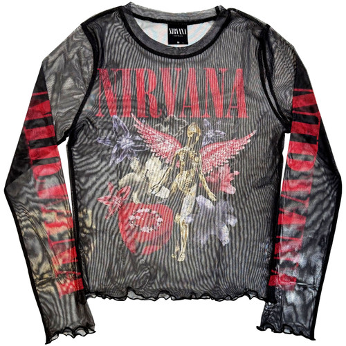 Nirvana Women's Long Sleeve Mesh Crop Top Shirt In Utero Vintage Collage (Black)