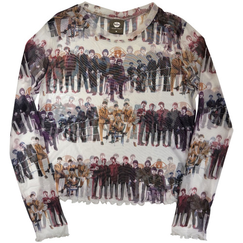 The Beatles Women's Long Sleeve Mesh Crop Top Shirt Anthology Colours Repeat (White) (All Round)