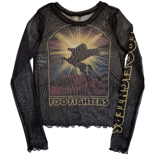 Foo Fighters Women's Long Sleeve Mesh Crop Top Shirt Pegasus (Black)