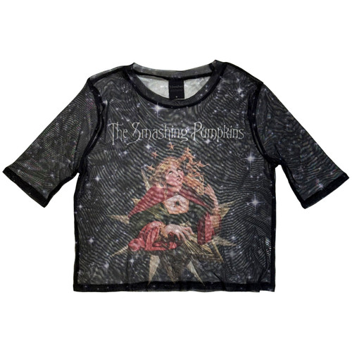 Smashing Pumpkins Women's Long Sleeve Mesh Crop Top Shirt Mellon Collie (Navy)
