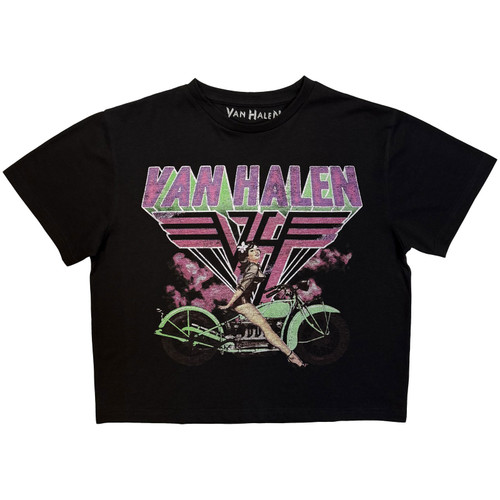Van Halen Women's Crop Top Shirt Neon Retro Pin Up Rider (Black)