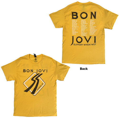 Bon Jovi Unisex T-Shirt Tour '87 Road Sign (Yellow) (Back Print)