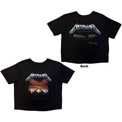 Metallica Women's Crop Top Shirt Master Of Puppets Tracks (Black) (Back Print)