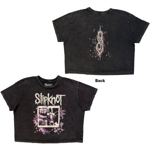 Slipknot Women's Stone Wash Crop Top Shirt Butterfly Goatee (Charcoal Grey) (Back Print)