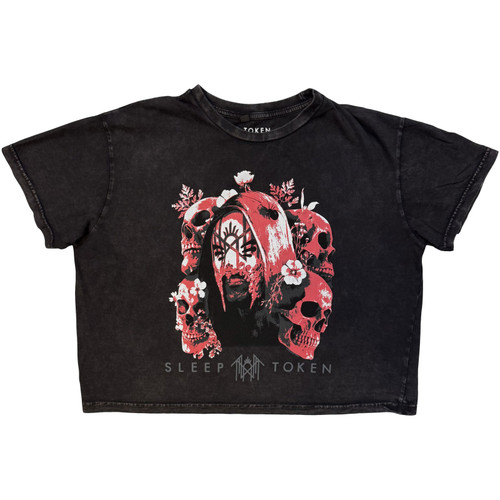 Sleep Token Women's Stone Wash Crop Top Shirt Skull & Flowers (Charcoal Grey)