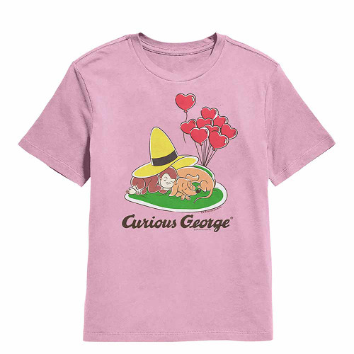 Curious George Heart Balloons And Dog Light Pink Kids T-Shirt
