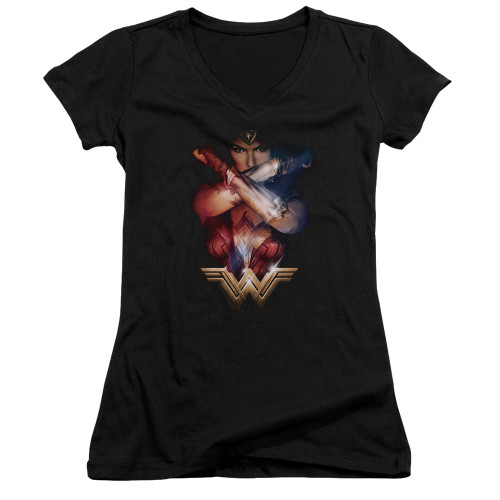 Wonder Woman Movie Arms Crossed Junior Women's T-Shirt V Neck Black